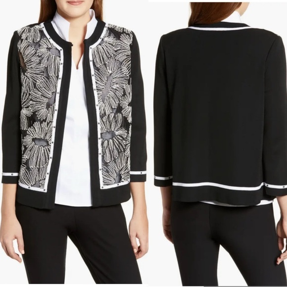 Ming Wang Floral Embroidered Knit Jacket Black and White Size L - Picture 15 of 15